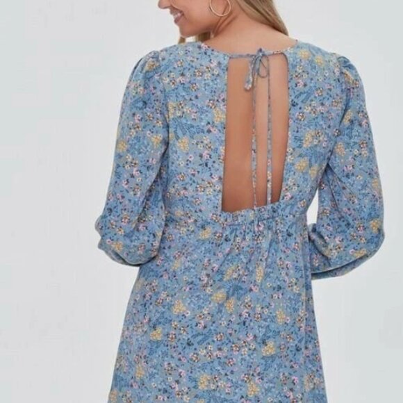 Forever 21 Floral Print Mini Dress Juniors Size L Long Sleeve - Picture 6 of 9